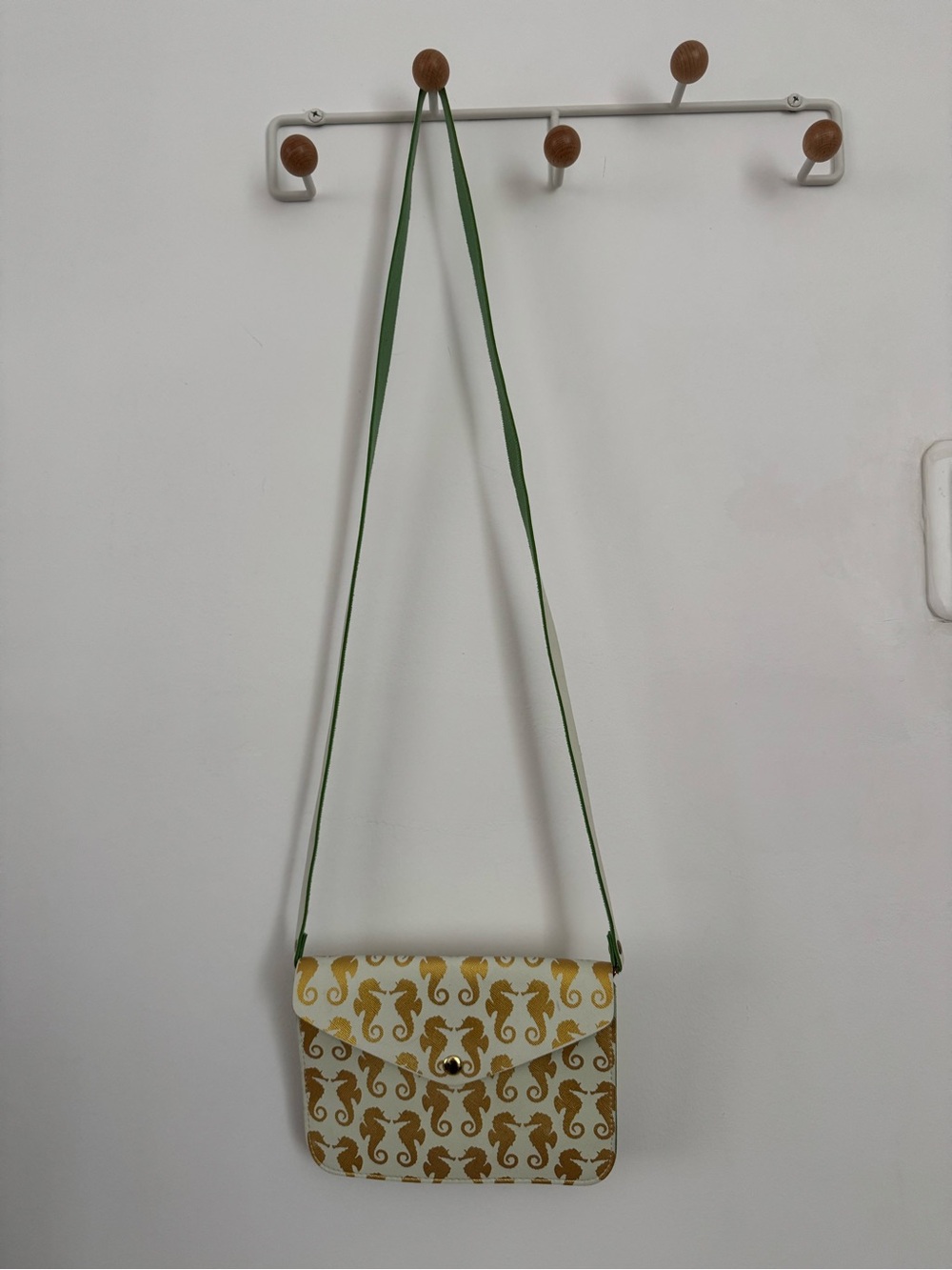 South Moon Under White Crossbody with Gold sea horses & Green Strap